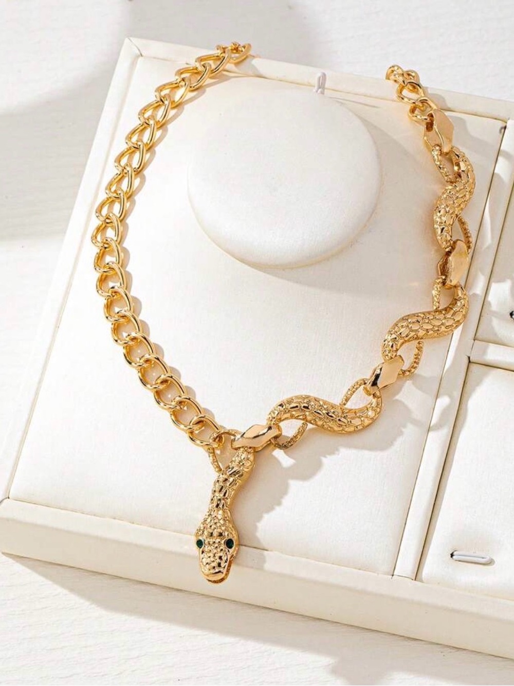 Gold Snake-Link Necklace with Green Eyes